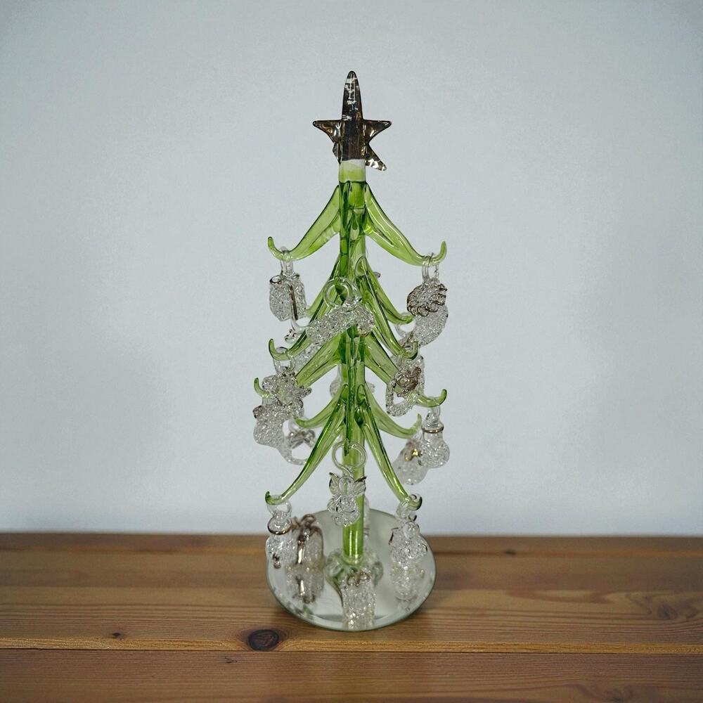 Art Glass Christmas Tree with 18 Ornaments Presents On Mirrored Base Green 10.5"